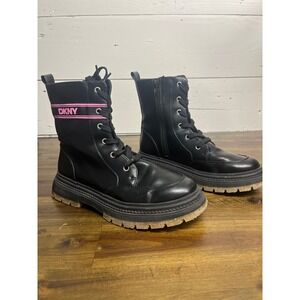 DKNY Girls Black Combat Boots Pink Logo Stripe Lug Sole DKN1340-1FF Size 5 US